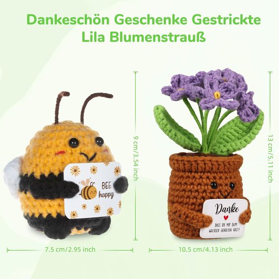 WenmthG Danke Geschenk Gestrickte Lila Blumenpuppe und Positive Pocket Hug Biene, Positive Kartoffel Deutsch Glücksbringer Kleines Dankeschön Geschenk 2 Stück