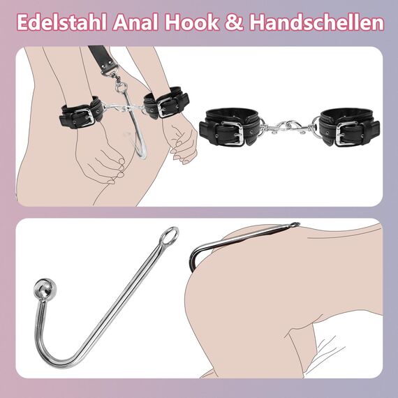 BDSM Anal Hook Fesseln Kit Bondage-Set Bettfesseln Analhaken mit Zugkette, Erotik Bondageset Restraints Anal Plug Buttplug mit Verstellbaren Handschellen Halsband, Fetisch Rollenspiele SM Sexspielzeug