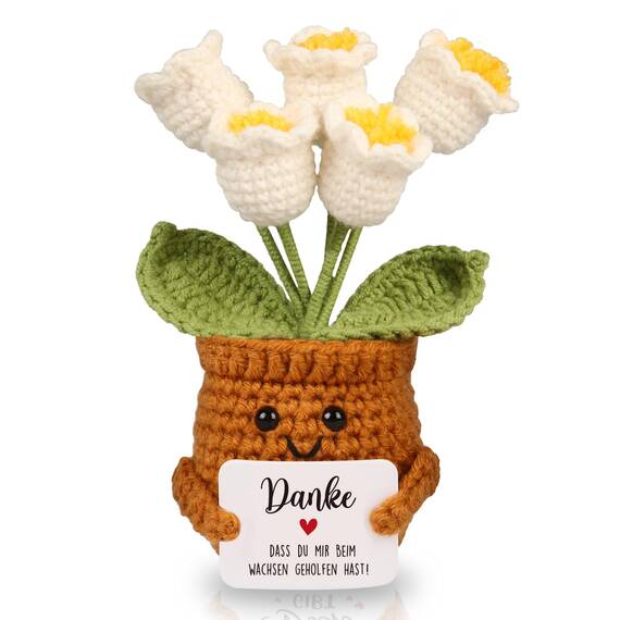 WenmthG Kleines Dankeschön Geschenk Glücksbringer Gehäkelte Blume Maiglöckchen für Frauen Freunde Kollegen Abschied Ruhestand Weihnachts Papa Mama Oma Opa Pocket Hug Positive Kartoffel Deutsch Ersatz