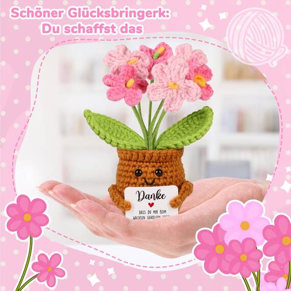 WenmthG Kleines Dankeschön Geschenk Glücksbringer Gehäkelte Rosa Blume für Frauen Freunde Kollegen Abschied Ruhestand Weihnachts Papa Mama Oma Opa Pocket Hug Blume Positive Kartoffel Deutsch Ersatz