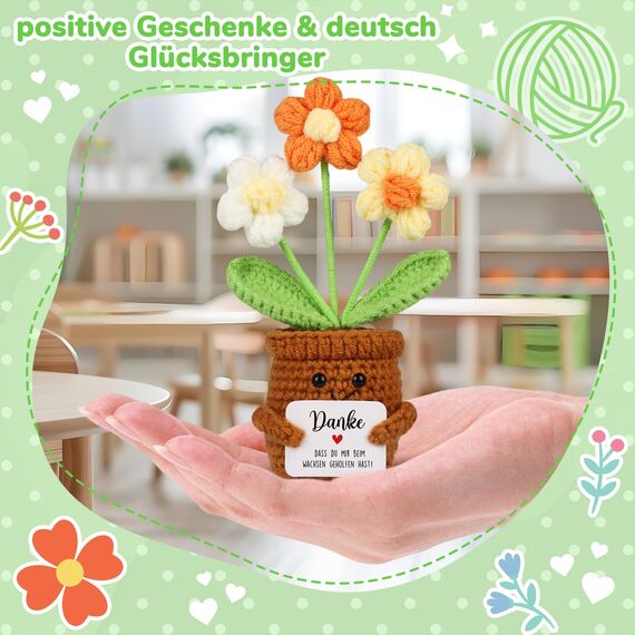 WenmthG Kleines Dankeschön Geschenk Glücksbringer Gehäkelte Mehrfarbig Blume für Frauen Freunde Kollegen Abschied Ruhestand Weihnachts Papa Mama Oma Opa Pocket Hug Positive Kartoffel Deutsch Ersatz