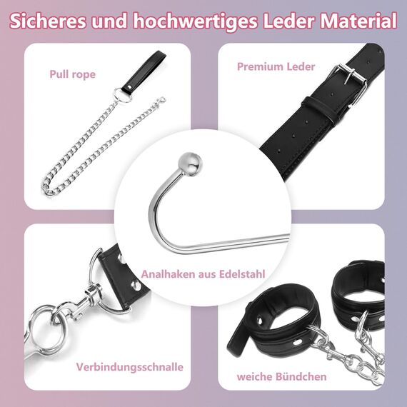 BDSM Anal Hook Fesseln Kit Bondage-Set Bettfesseln Analhaken mit Zugkette, Erotik Bondageset Restraints Anal Plug Buttplug mit Verstellbaren Handschellen Halsband, Fetisch Rollenspiele SM Sexspielzeug