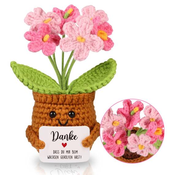 WenmthG Kleines Dankeschön Geschenk Glücksbringer Gehäkelte Rosa Blume für Frauen Freunde Kollegen Abschied Ruhestand Weihnachts Papa Mama Oma Opa Pocket Hug Blume Positive Kartoffel Deutsch Ersatz