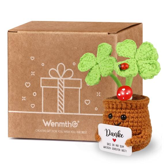 WenmthG Dankeschön Geschenke Klein Pocket Hug Positive Vierblättriges Kleeblatt Glücksbringer, Gestrickte Kleeblatt Geschenke für Freunde Kollegen und Familie, Positive Kartoffel Deutsch Ersatz