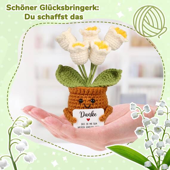 WenmthG Kleines Dankeschön Geschenk Glücksbringer Gehäkelte Blume Maiglöckchen für Frauen Freunde Kollegen Abschied Ruhestand Weihnachts Papa Mama Oma Opa Pocket Hug Positive Kartoffel Deutsch Ersatz