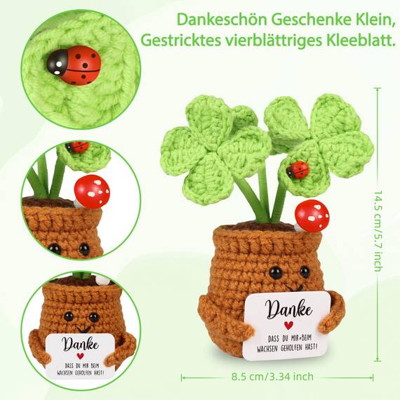 WenmthG Dankeschön Geschenke Klein Pocket Hug Positive Vierblättriges Kleeblatt Glücksbringer, Gestrickte Kleeblatt Geschenke für Freunde Kollegen und Familie, Positive Kartoffel Deutsch Ersatz