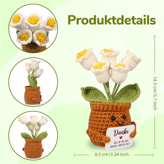 WenmthG Kleines Dankeschön Geschenk Glücksbringer Gehäkelte Blume Maiglöckchen für Frauen Freunde Kollegen Abschied Ruhestand Weihnachts Papa Mama Oma Opa Pocket Hug Positive Kartoffel Deutsch Ersatz