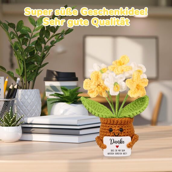 WenmthG Kleines Dankeschön Geschenk Glücksbringer Gehäkelte Gelbe Blume für Frauen Freunde Kollegen Abschied Ruhestand Weihnachts Papa Mama Oma Opa Pocket Hug Blume Positive Kartoffel Deutsch Ersatz