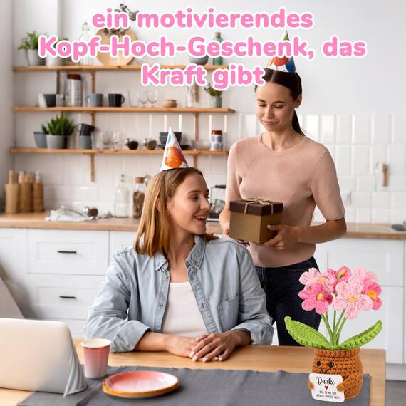 WenmthG Kleines Dankeschön Geschenk Glücksbringer Gehäkelte Rosa Blume für Frauen Freunde Kollegen Abschied Ruhestand Weihnachts Papa Mama Oma Opa Pocket Hug Blume Positive Kartoffel Deutsch Ersatz