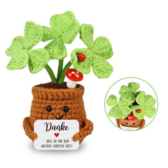 WenmthG Dankeschön Geschenke Klein Pocket Hug Positive Vierblättriges Kleeblatt Glücksbringer, Gestrickte Kleeblatt Geschenke für Freunde Kollegen und Familie, Positive Kartoffel Deutsch Ersatz