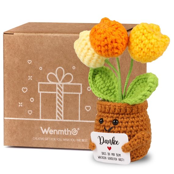 WenmthG Kleines Dankeschön Geschenk Glücksbringer Gehäkelte Blume Tulpen für Frauen Freunde Kollegen Abschied Ruhestand Weihnachts Papa Mama Oma Opa Pocket Hug Blume Positive Kartoffel Deutsch Ersatz