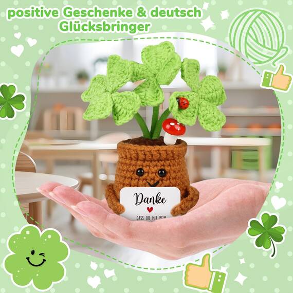 WenmthG Dankeschön Geschenke Klein Pocket Hug Positive Vierblättriges Kleeblatt Glücksbringer, Gestrickte Kleeblatt Geschenke für Freunde Kollegen und Familie, Positive Kartoffel Deutsch Ersatz