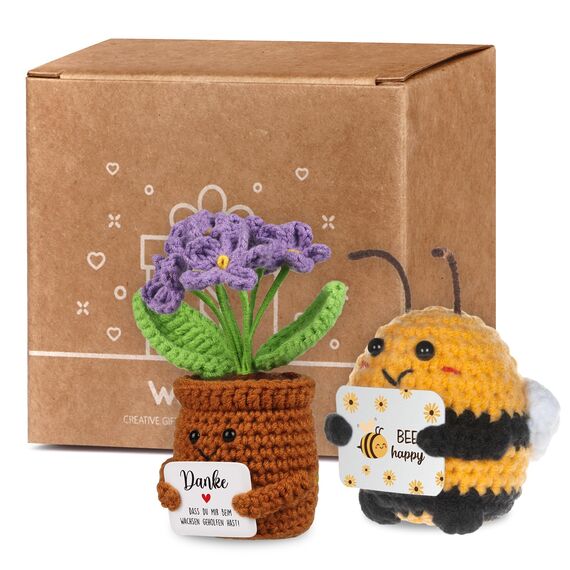 WenmthG Danke Geschenk Gestrickte Lila Blumenpuppe und Positive Pocket Hug Biene, Positive Kartoffel Deutsch Glücksbringer Kleines Dankeschön Geschenk 2 Stück