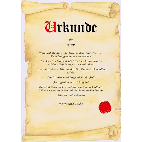 Urkunde Alter Sack Club der alten Säcke - Männer Geschenk zum Geburtstag personalisiert mit Name - A4 Spruch lustig Glückwunsch Geschenkidee