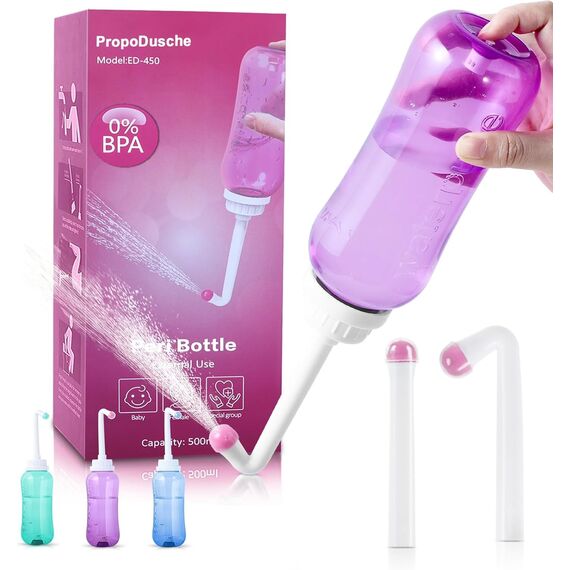 Podusche Portable Bidet 450 ml - Intimdusche Wochenbett mit 2 Düsen für Vaginaldusche Analdusche, Podusche für frau, Peri bottle für Reisen,Täglichen Gebrauch und Camping Dusche
