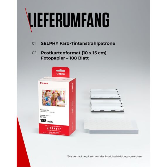 Canon SELPHY RP-108 Tinten- und Papier-Multipack – Original Canon Fotodrucker Tintenpatronen 2er-Pack & 108 Blatt Fotopapier (100 x 148mm)