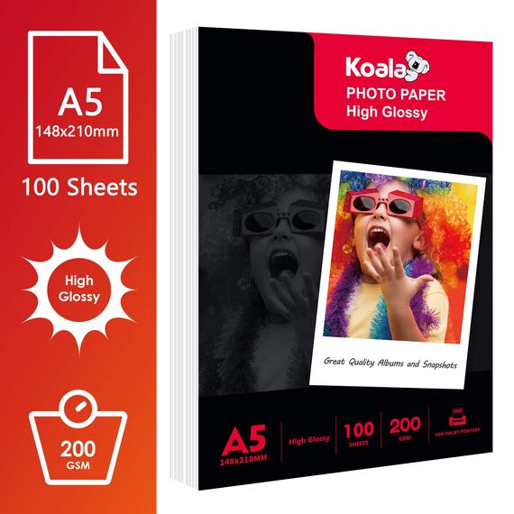 Koala Inkjet Hochglänzend Fotopapier DIN A5, 210 x 148 mm, 200 g/m², 100 Blatt, für Canon HP Epson Tintenstrahldrucker