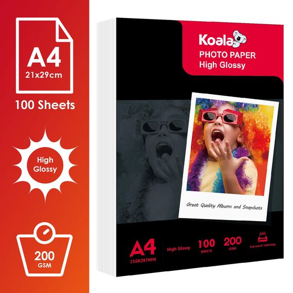 Koala Inkjet Hochglänzend Fotopapier DIN A4, 200 g/m², 100 Blatt, für Canon HP Epson Tintenstrahldrucker
