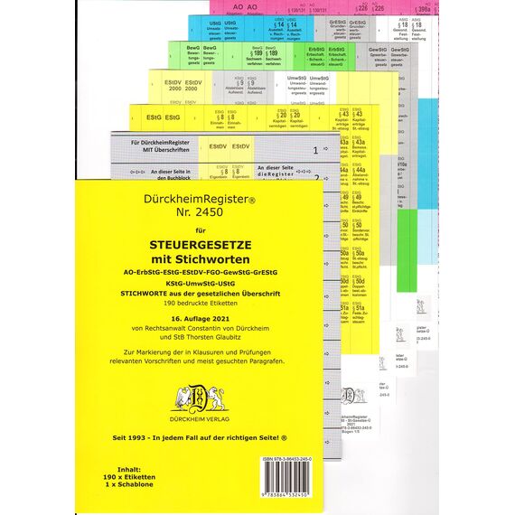 DürckheimRegister STEUERGESETZE mit Stichworten: 190 Registeretiketten (sog. Griffregister) wichtige §§ im EStG, LStG, EStDV, UStG, ErbStG, BewG, AO ... • In jedem Fall auf der richtigen Seite
