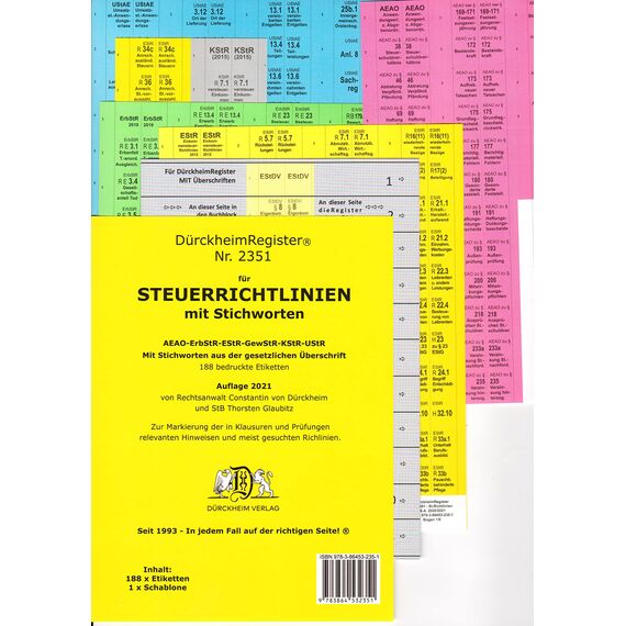 DürckheimRegister STEUERRICHTLINIEN mit Stichworten: 188 Registeretiketten (sog. Griffregister) EStR, UStR, ErbST, BewG, KStG UStR und AEAO • In jedem ... • In jedem Fall auf der richtigen Seite