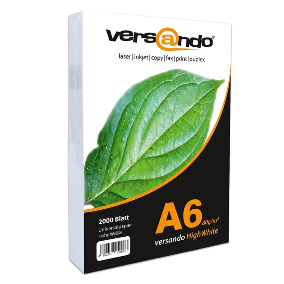 versando 2.000 Blatt Papier DIN A6 HighWhite 80 Druckerpapier Universalpapier Kopierpapier Rezeptpapier hochweiß (105 x 148 mm)
