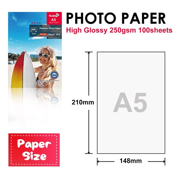 KOALA Glänzendes Inkjet Fotopapier, DIN A5, 148x210mm, 250g/m², 100 Blatt, mit Premium Hochglanz Advanced Kunstharz beschichtet, für Canon HP Epson Tintenstrahldrucker