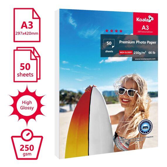 Koala Fotopapier für Canon HP Epson Tintenstrahldrucker, glänzend, A3, 297 x 420 mm, 250 g/m², 50 Blatt