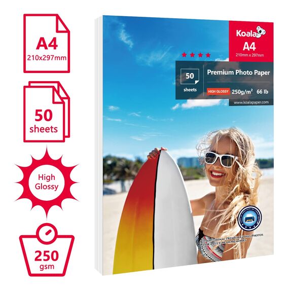 KOALA Glänzendes Inkjet Fotopapier, DIN A4, 250g/m², 50 Blatt, mit Premium Hochglanz Advanced Kunstharz beschichtet, für Canon HP Epson Tintenstrahldrucker