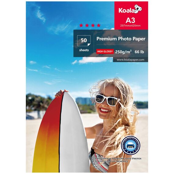 Koala Fotopapier für Canon HP Epson Tintenstrahldrucker, glänzend, A3, 297 x 420 mm, 250 g/m², 50 Blatt