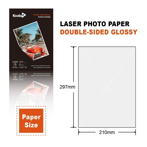 KOALA Fotopapier für Laserdrucker, Doppelseitig, Glänzend, A4, 130 g/m², 100 Blatt. Geeignet zum Drucken von Fotos, Zertifikaten, Broschüren, Flyern, Faltblättern, Grußkarten, Kalendern, Kunst