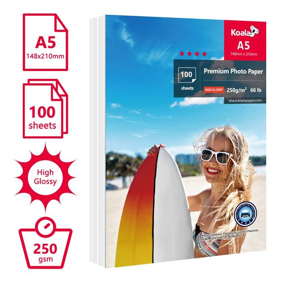 KOALA Glänzendes Inkjet Fotopapier, DIN A5, 148x210mm, 250g/m², 100 Blatt, mit Premium Hochglanz Advanced Kunstharz beschichtet, für Canon HP Epson Tintenstrahldrucker