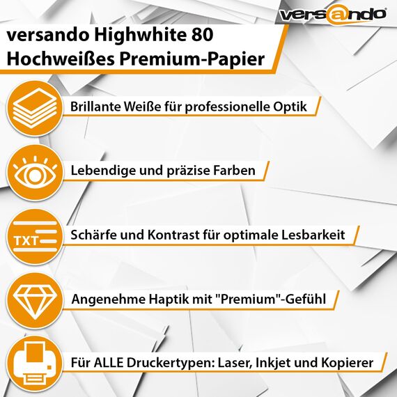 versando 1.500 Blatt Druckerpapier A4 hochweiß CIE161 Premium Kopierpapier (3x 500 Blatt HighWhite 80) strahlende Farben, klare Schrift, PEFC zertifiziert