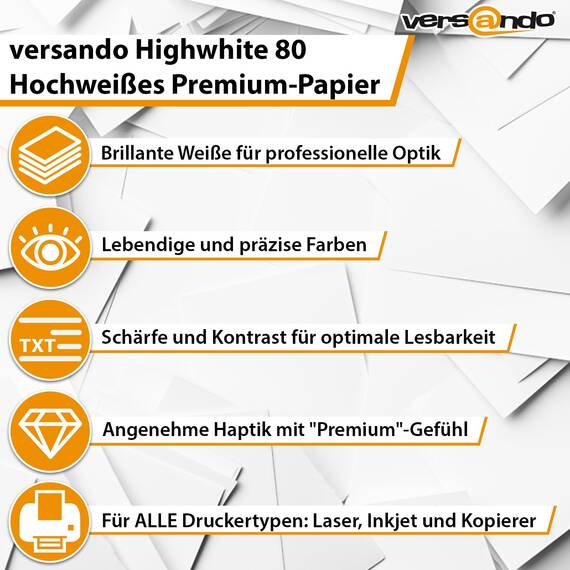 versando 100.000 Blatt Druckerpapier A4 hochweiß CIE161 Premium Kopierpapier 1 Palette (200 Ries á 500 Blatt HighWhite 80) strahlende Farben, klare Schrift, PEFC zertifiziert