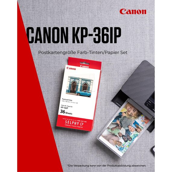 Canon KP-36IP Original Farbband/Papierset Postkartengröße 10x15cm für SELPHY CP-Drucker (36 Blatt, Fotos in Laborqualität, bis zu 100 Jahre farbstabil, wasserabweisend, kratzfest, Fingerabdruckschutz)