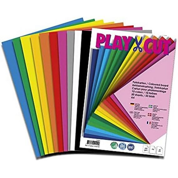 PLAY-CUT Fotokarton A4 Set (300g/m2) | 50 Bogen Din A4 Foto Karton Bunt mit 10 Verschiedenen Farben | Dickes Foto Papier | Premium Druckerpapier Dicke Stärke | Karton zum Basteln Drucken