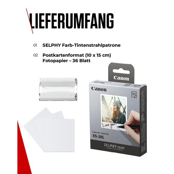 Canon SELPHY XS-20L Tinten- und Papier-Multipack – Original Canon Fotodrucker Tintenpatrone 1er-Pack & 20 Blatt Fotopapier (72 x 85mm)