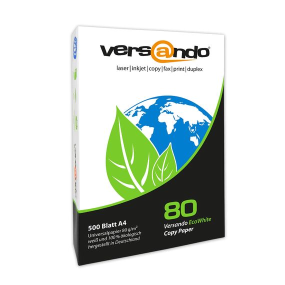 versando 2.500 Blatt Recyclingpapier DIN A4 EcoWhite 80g Kopierpapier Druckerpapier Öko hohe Weiße ISO 90 - Blauer Engel zertifiziert - Umweltpapier