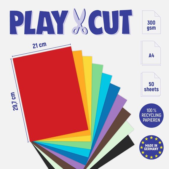 PLAY-CUT Fotokarton A4 Set (300g/m2) | 50 Bogen Din A4 Foto Karton Bunt mit 10 Verschiedenen Farben | Dickes Foto Papier | Premium Druckerpapier Dicke Stärke | Karton zum Basteln Drucken