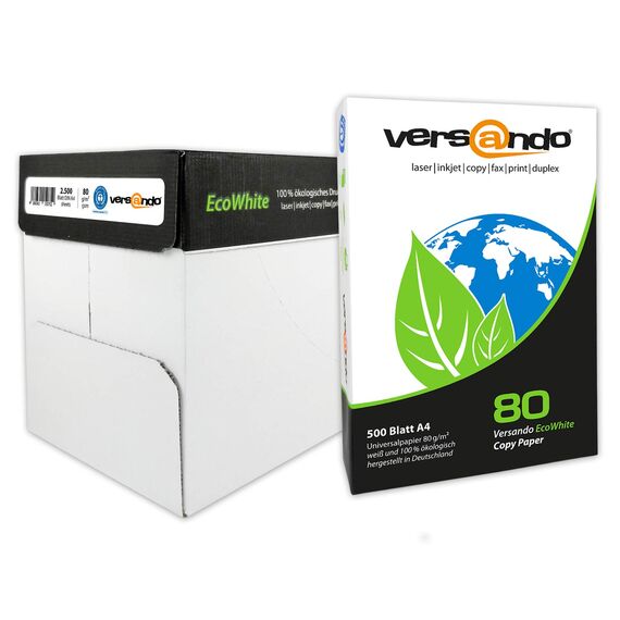 versando 2.500 Blatt Recyclingpapier DIN A4 EcoWhite 80g Kopierpapier Druckerpapier Öko hohe Weiße ISO 90 - Blauer Engel zertifiziert - Umweltpapier