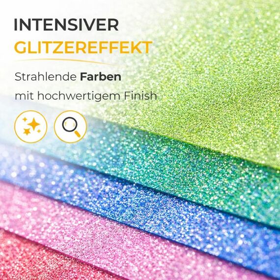 50x Glitzerpapier in A4: Buntes Glitter Papier mit 250 g/m² - Ideal für Bastelarbeiten und kreatives Gestalten - Fotokarton und Druckerpapier für Bastelpapier (50x Glitzerpapier - 250 g/m², 100)
