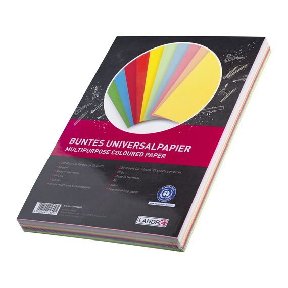 LANDRÉ 250 Blatt A4 buntes Universal-Papier, 80g/m², Drucker-Papier, 10 Farben