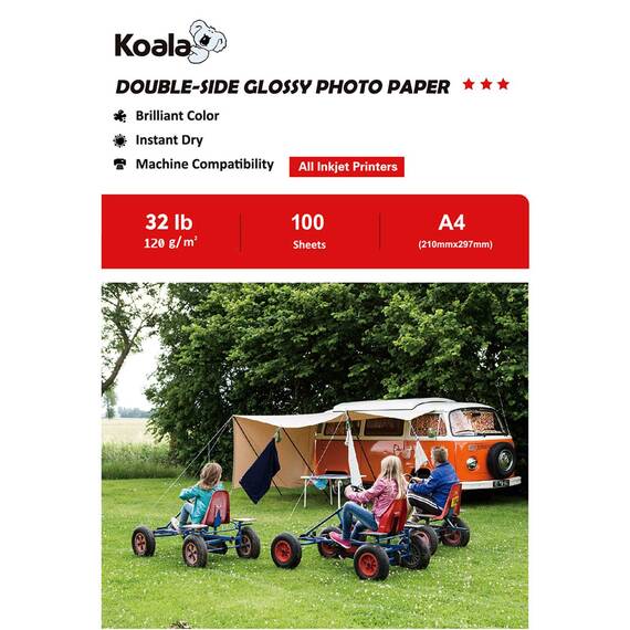 Koala Fotopapier für Tintenstrahldrucker, Doppelseitig, Glänzend, A4, 120 g/m², 100 Blatt. Geeignet zum Drucken von Fotos, Zertifikaten, Broschüren, Flyern, Faltblättern, Grußkarten, Kalendern, Kunst