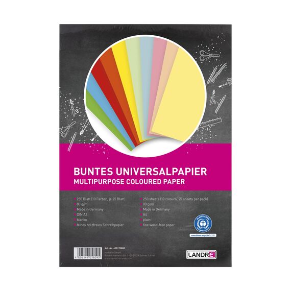 LANDRÉ 250 Blatt A4 buntes Universal-Papier, 80g/m², Drucker-Papier, 10 Farben