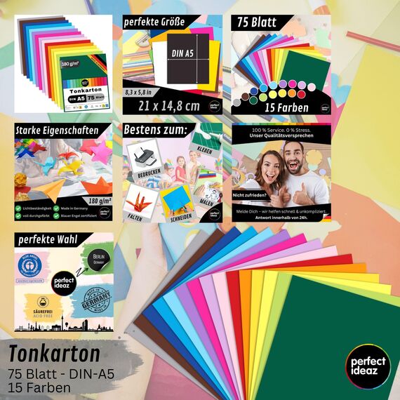 perfect ideaz 75 Blatt Tonkarton DIN-A5, 15 Farben, 180 g/m², made in Germany, Blauer Engel zertifiziert (15 Farben)