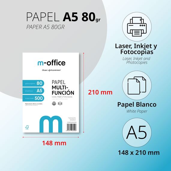 A5-Papier, 80 g, Packung mit 100 Blatt, Multifunktionspapier für Inkjet- und Laserdrucker, A5-Blätter, 148 x 210 mm, ideal für Büro und Zuhause · m-office (100 Blatt)