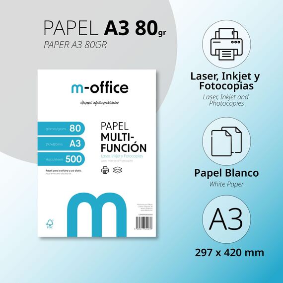 A3-Papier, 80 g, 3 Packung mit 500 Blatt, Multifunktionspapier für Inkjet- und Laserdrucker, A3-Blätter, 297 x 420 mm, ideal für Büro und Zuhause · m-office (1500 Blatt)