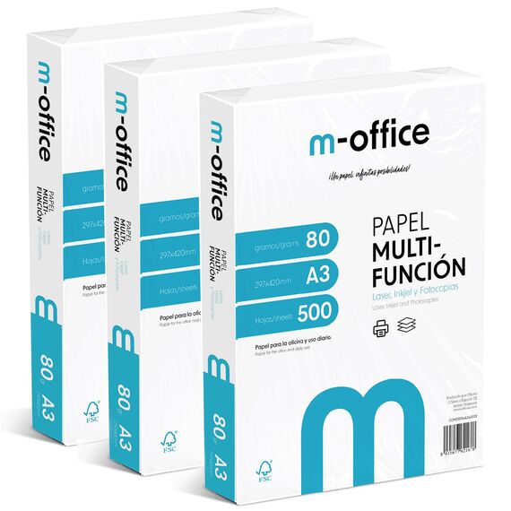 A3-Papier, 80 g, 3 Packung mit 500 Blatt, Multifunktionspapier für Inkjet- und Laserdrucker, A3-Blätter, 297 x 420 mm, ideal für Büro und Zuhause · m-office (1500 Blatt)