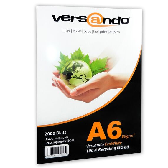 versando 2.000 Blatt Recyclingpapier DIN A6 EcoWhite 80g Kopierpapier Druckerpapier Öko Umweltpapier Rezeptpapier (148 x 105 mm)