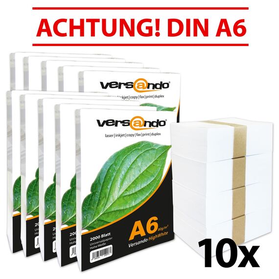 versando 20.000 Blatt Papier DIN A6 HighWhite 80 Druckerpapier Universalpapier Kopierpapier Rezeptpapier hochweiß (105 x 148 mm) 2 Karton