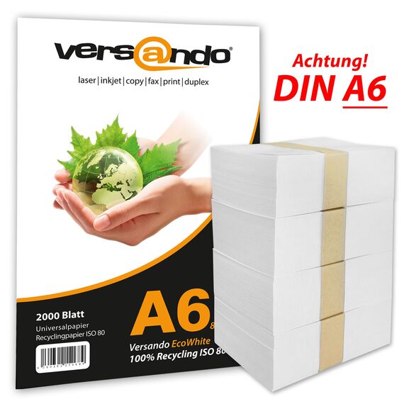 versando 2.000 Blatt Recyclingpapier DIN A6 EcoWhite 80g Kopierpapier Druckerpapier Öko Umweltpapier Rezeptpapier (148 x 105 mm)